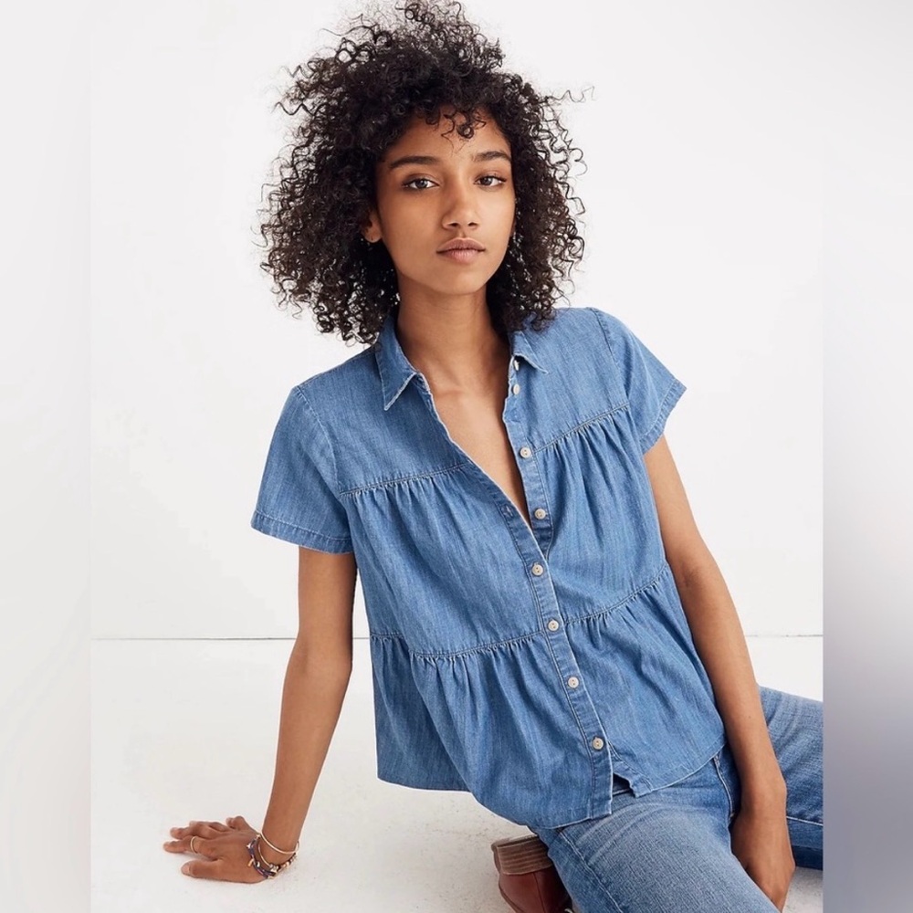 Madewell Denim Peasant Seamed Button Down Shirt